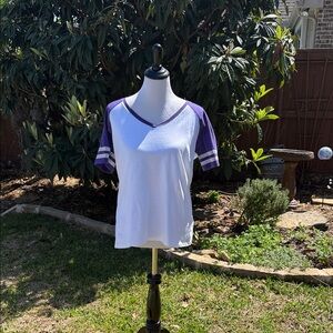 District White Tee with Purple Raglan Sleeves and Stripe Detail